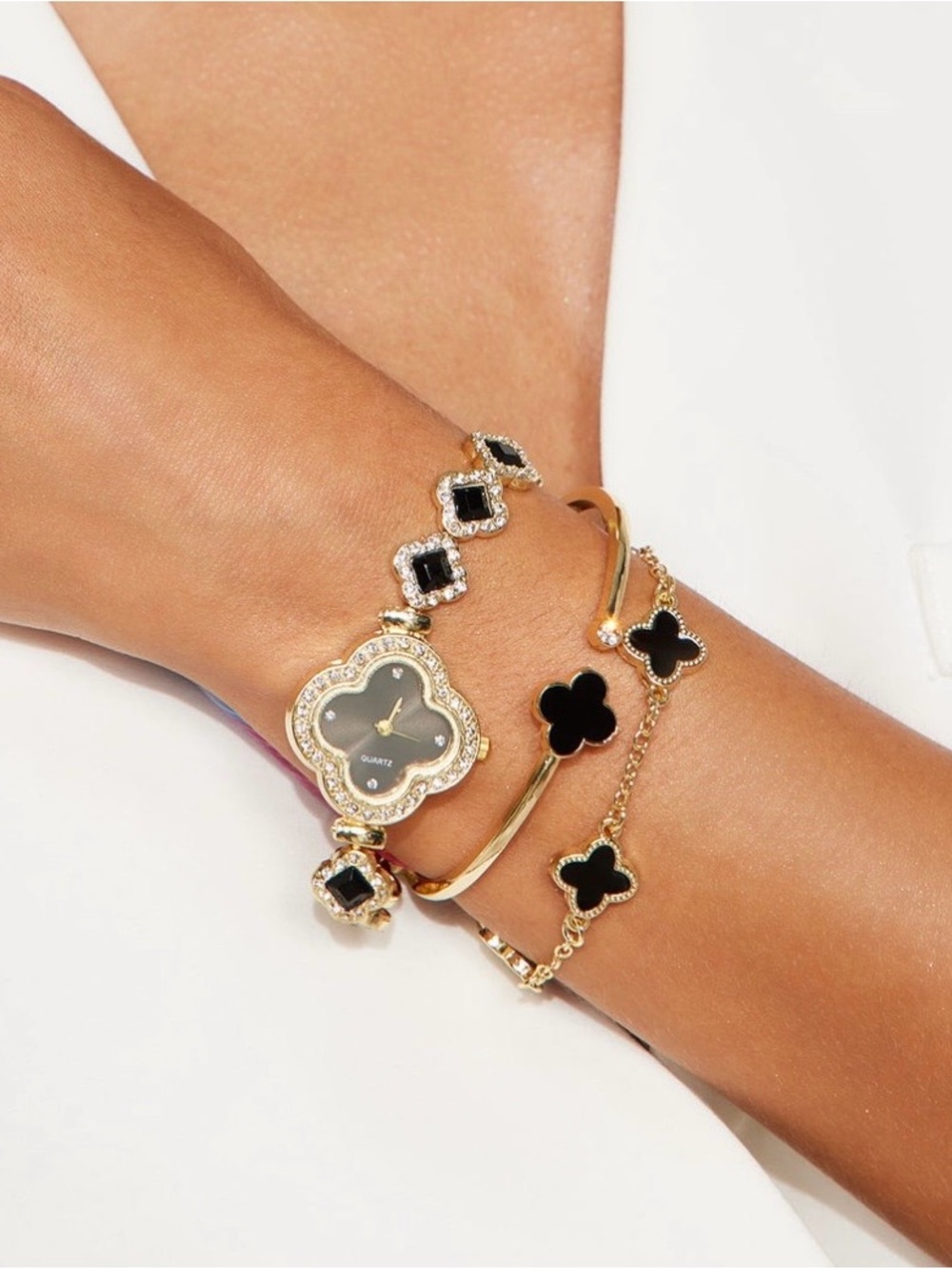 Gold and Black Clover-Accent Watch and Bracelet Set